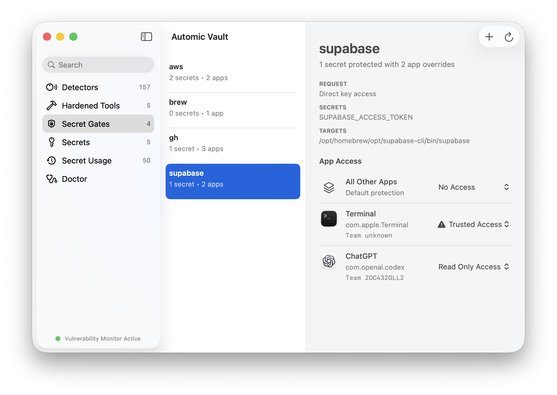Automic Vault access rules for a Supabase secret across Terminal and ChatGPT