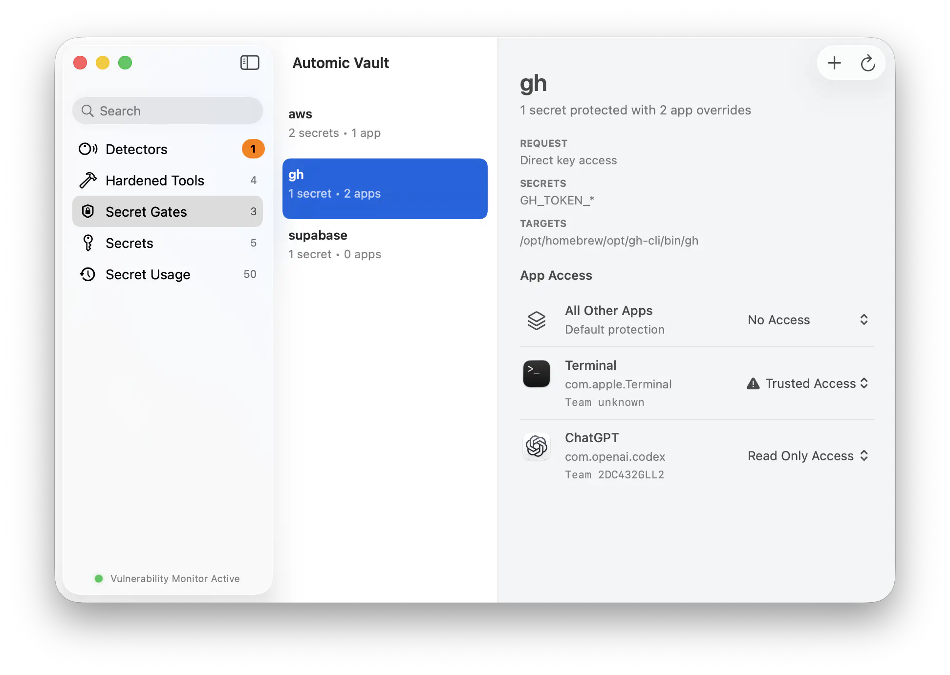 Automic Vault rule allowing direct GitHub token access to gh only when Terminal.app launches it