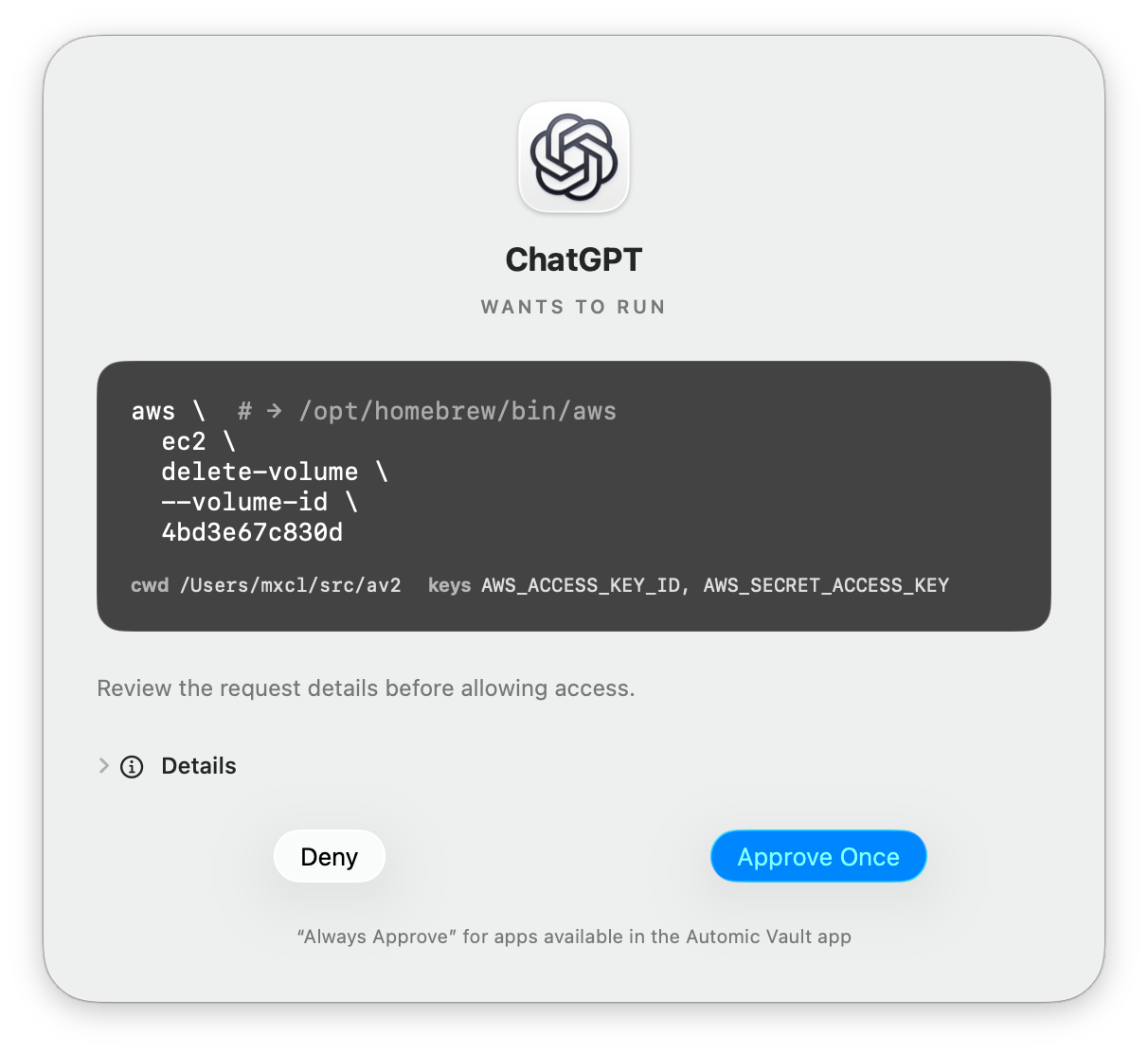 Automic Vault 审批界面显示 ChatGPT 请求 GitHub 令牌，并提供拒绝和仅批准一次选项