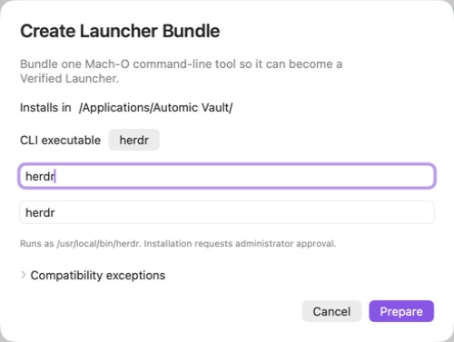 Create Launcher Bundle with herdr selected as the executable, name, and command; compatibility exceptions remain closed