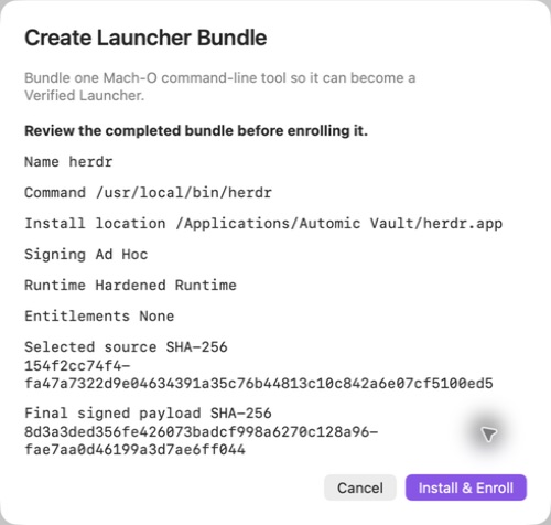 Bundle review showing herdr, its install location, Ad Hoc signing, Hardened Runtime, no entitlements, and source and final signed payload SHA-256 hashes
