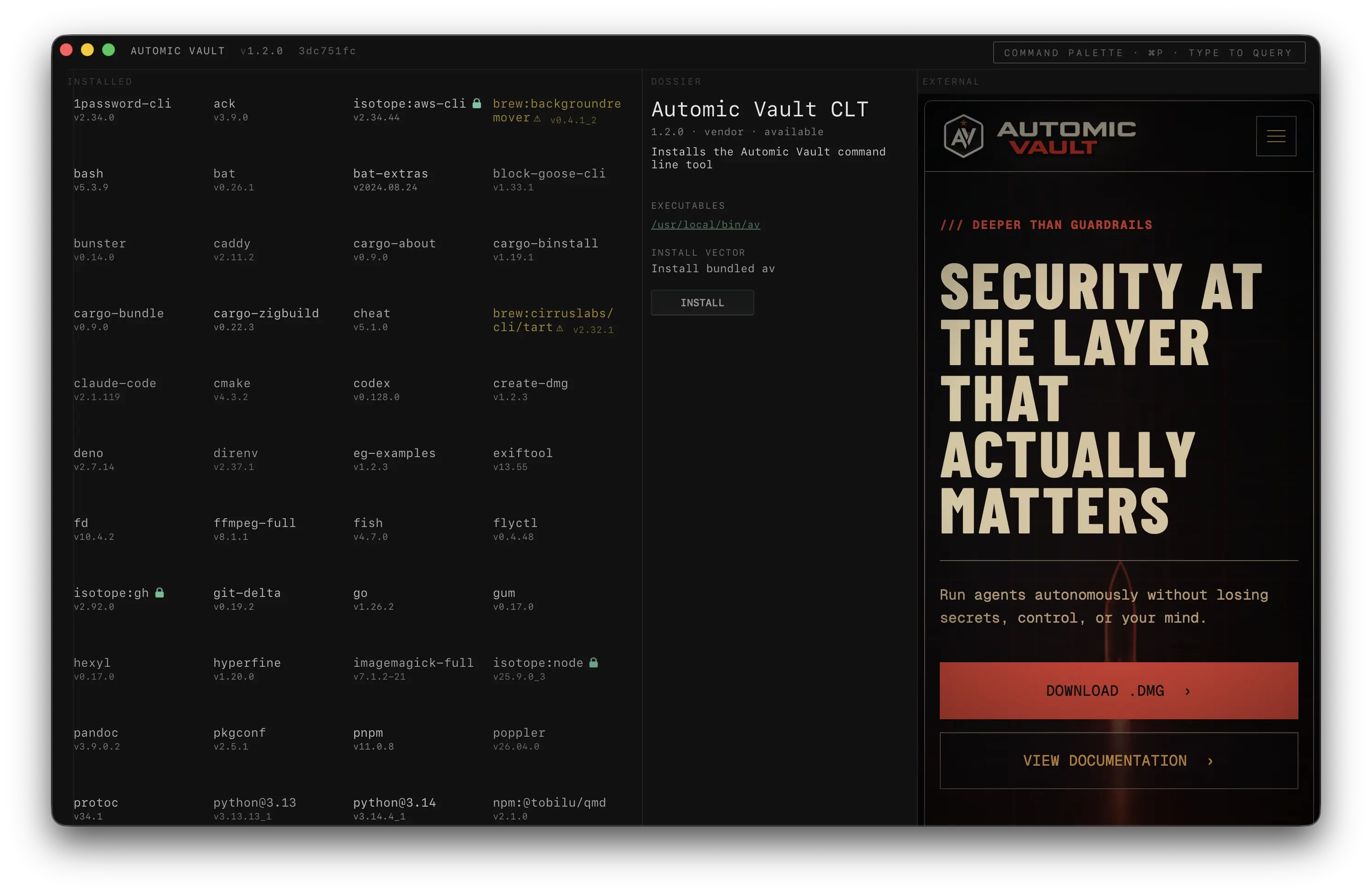 Automic Vault app showing package search and package details