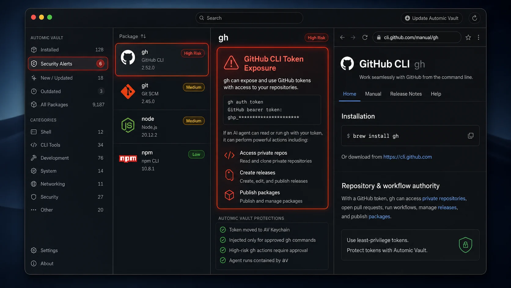 Automic Vault showing a GitHub CLI token exposure hazard for gh