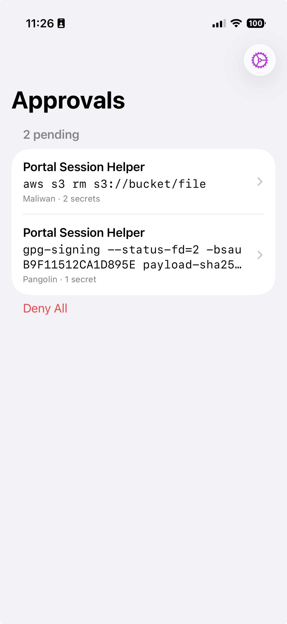 Two pending requests, from Maliwan and Pangolin, on one iPhone.