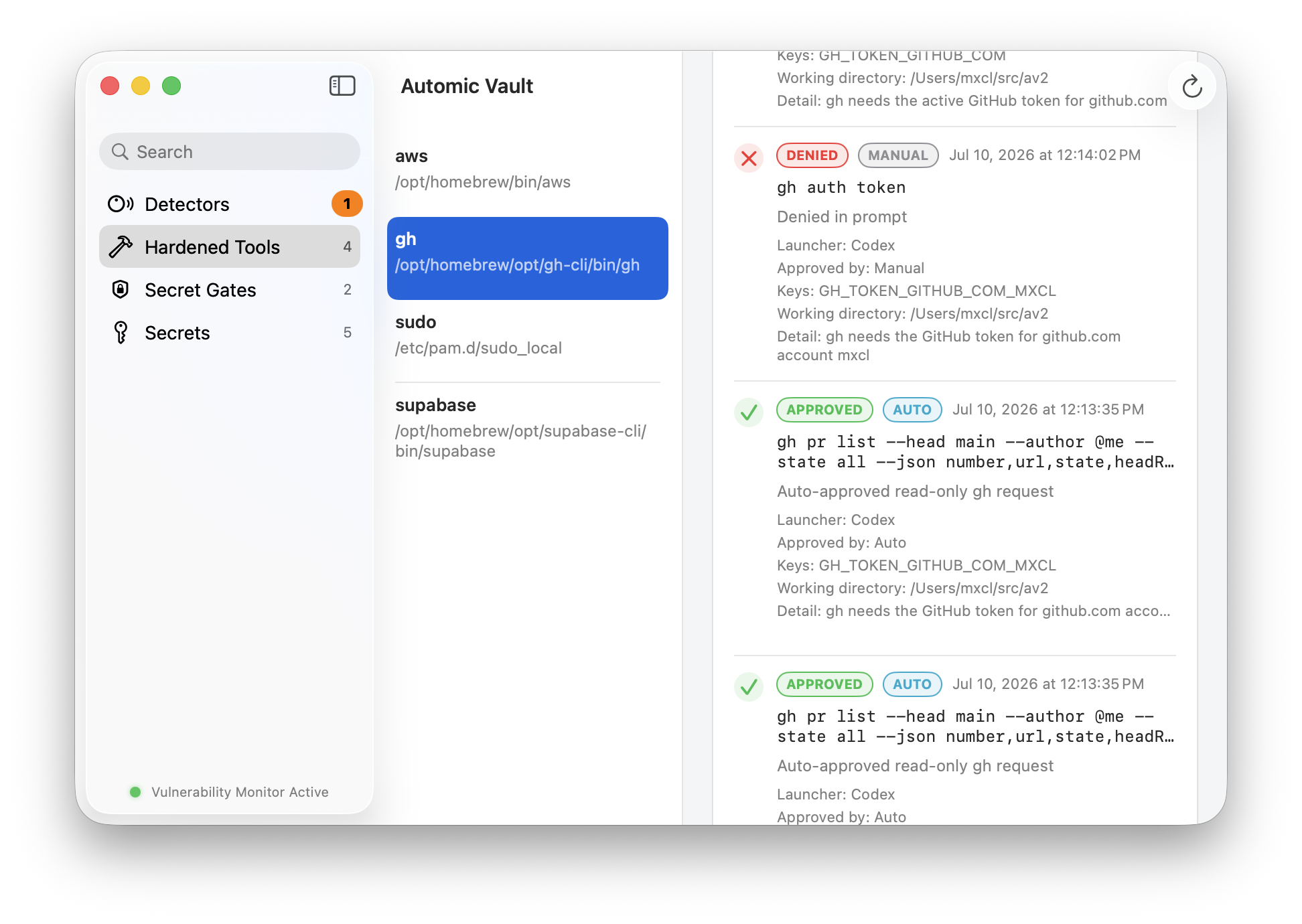 Automic Vault 密钥请求历史显示手动拒绝和自动批准的 gh 请求，以及启动方、密钥和工作目录详情