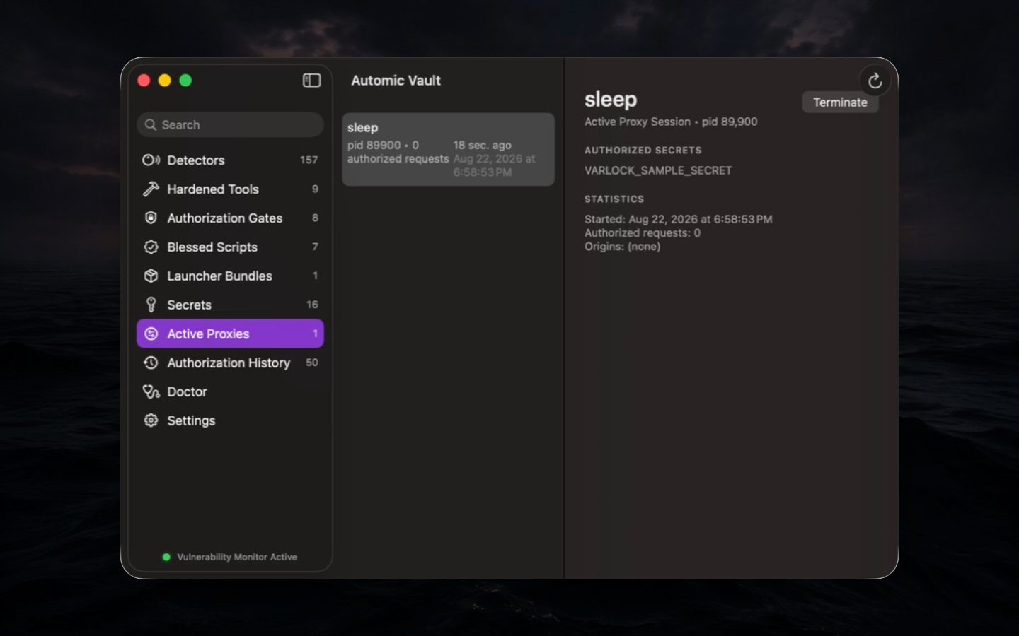 Harmless live proxy session for a sleep process and sample Secret Name