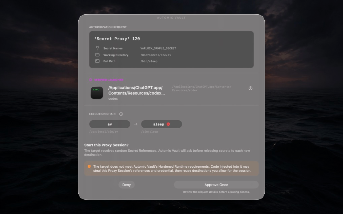Mac Approval showing command, Secret Names, working directory, Target, Verified Launcher, execution chain, and warnings