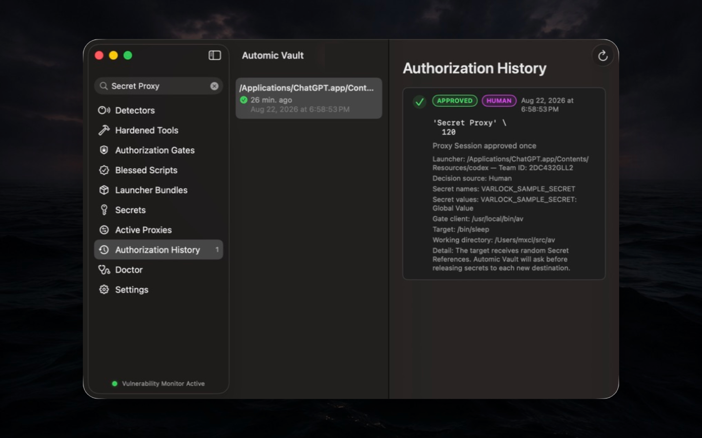 Authorization History filtered to a complete sample proxy decision