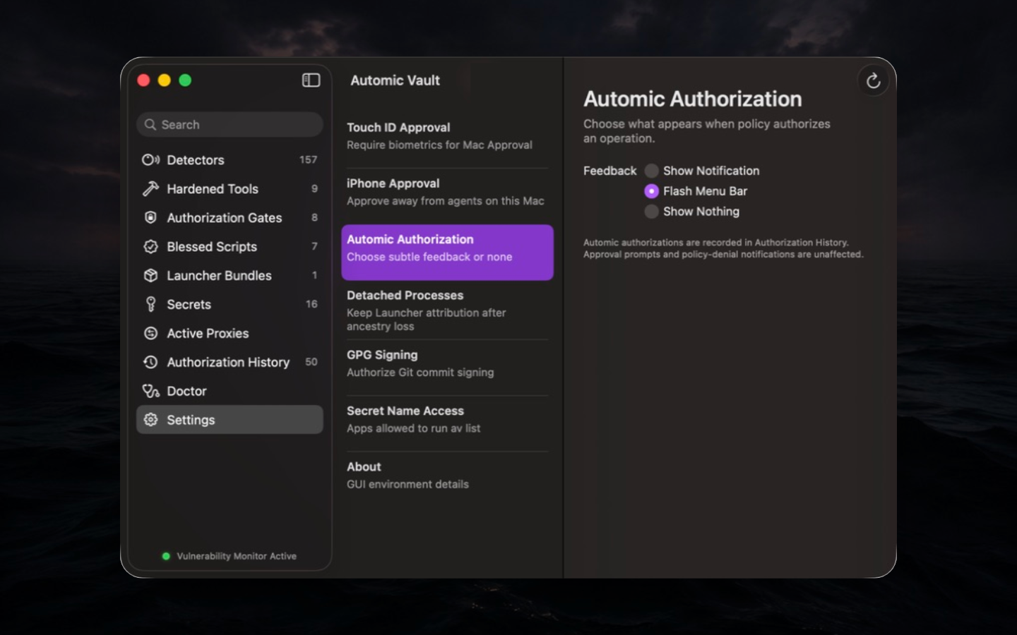 Automic Authorization feedback options with Flash Menu Bar selected