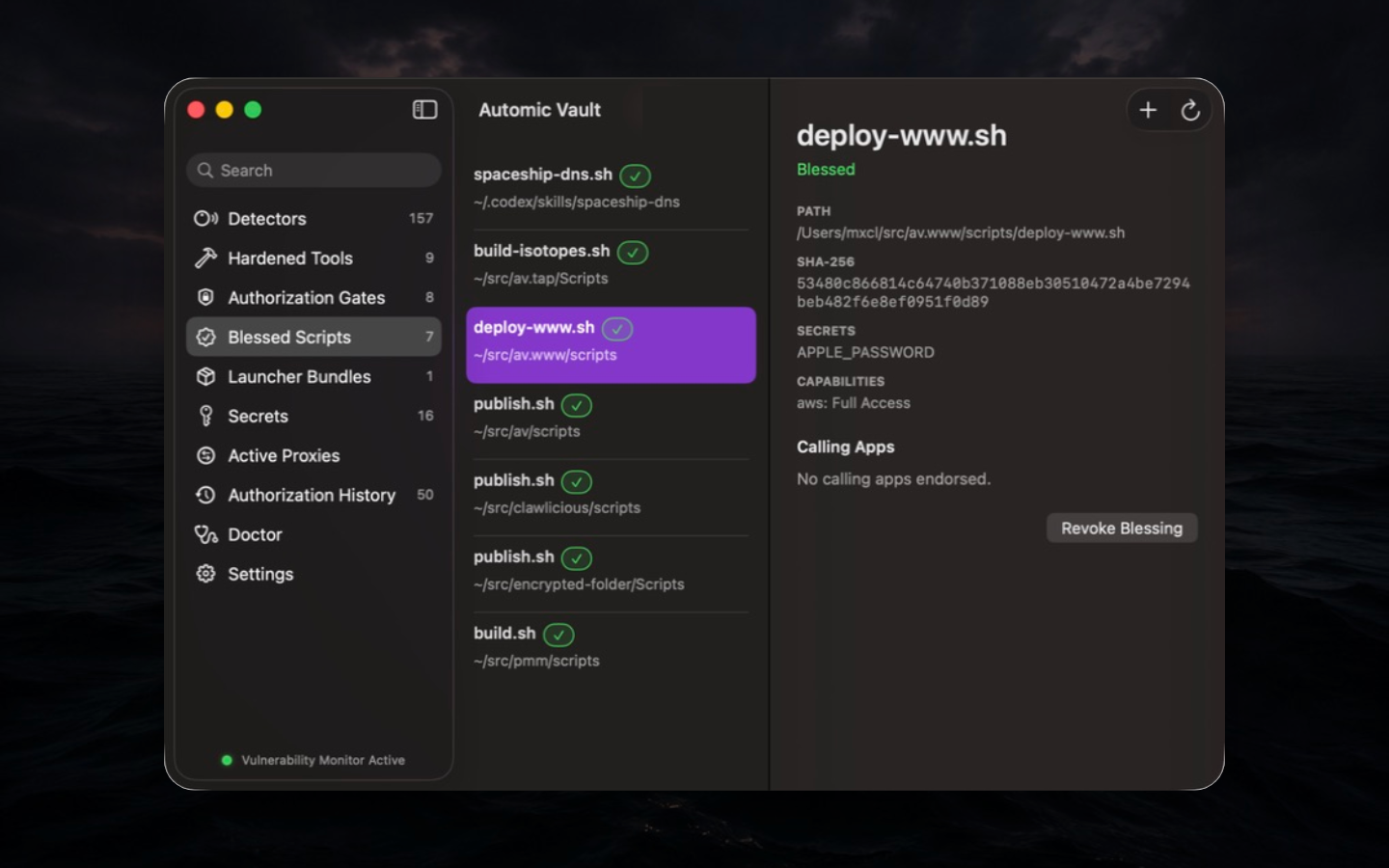 Blessed deployment script with digest, Secret Names, capabilities, and calling-app policy