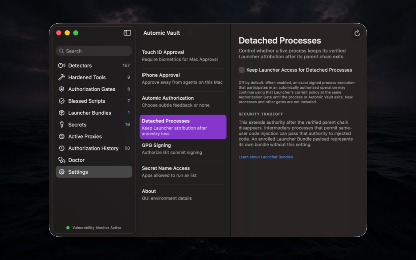 Detached Processes off by default with the authority-extension warning