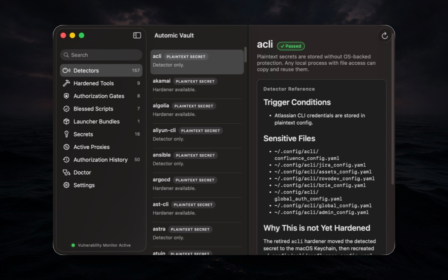 Detector catalog with a passing plaintext-credential check and its source-linked rationale