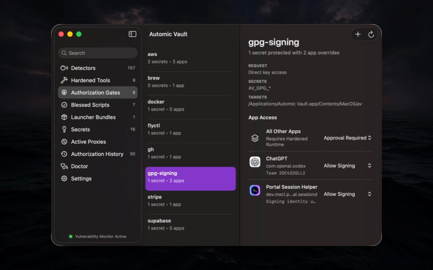 GPG Signing Execution Gate with exact launcher overrides set to Allow Signing