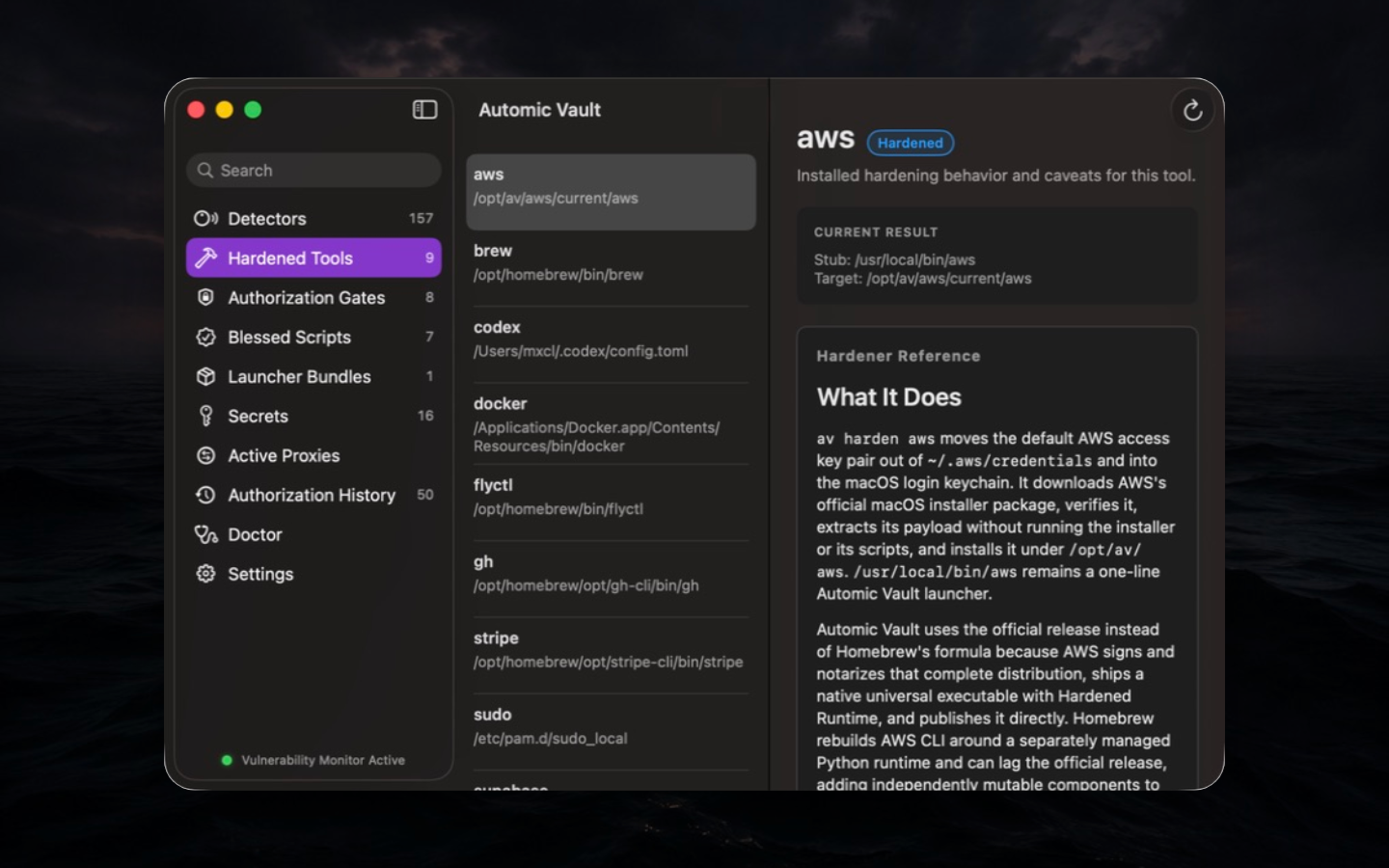 AWS hardener status with installed Target and embedded security reference