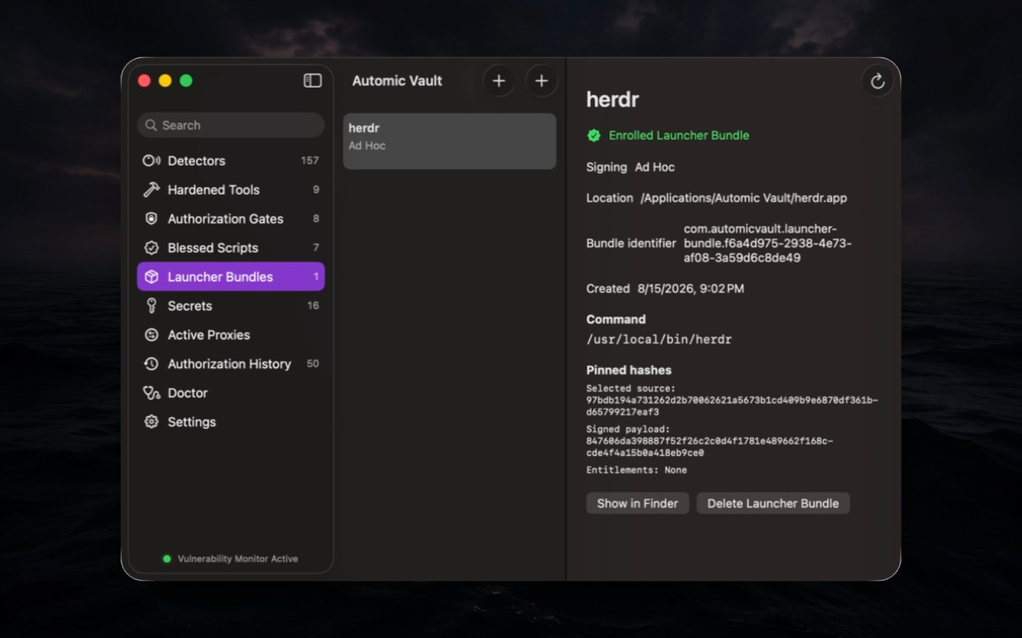 Enrolled Launcher Bundle with installed command, pinned hashes, signing, and entitlements