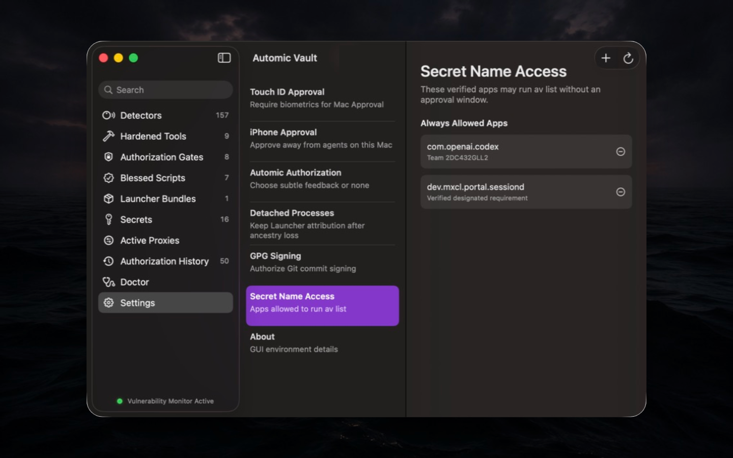 Secret Name Access with two exact verified apps allowed to run av list