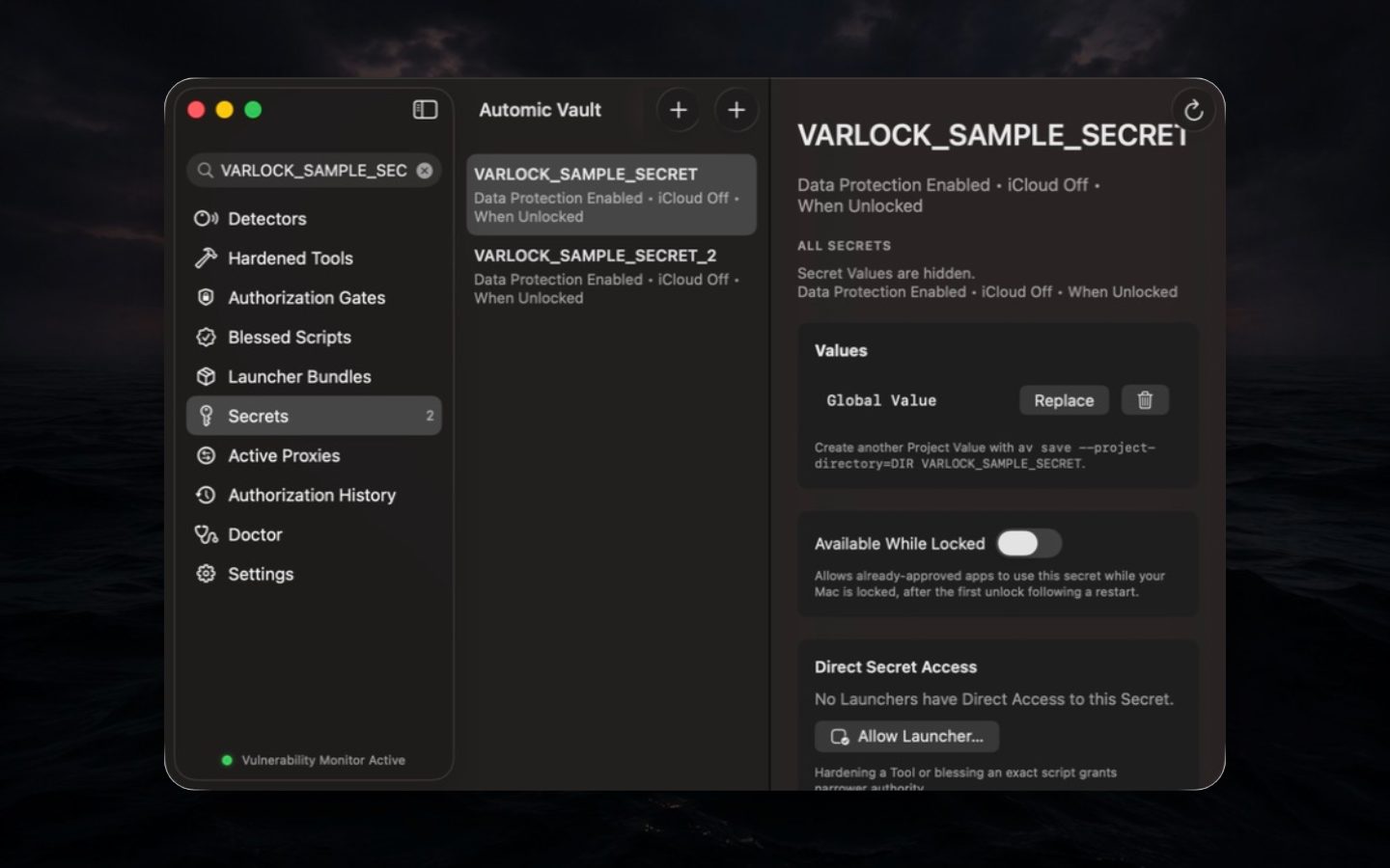 A harmless sample Secret with its hidden Global Value, availability, and Direct Access state