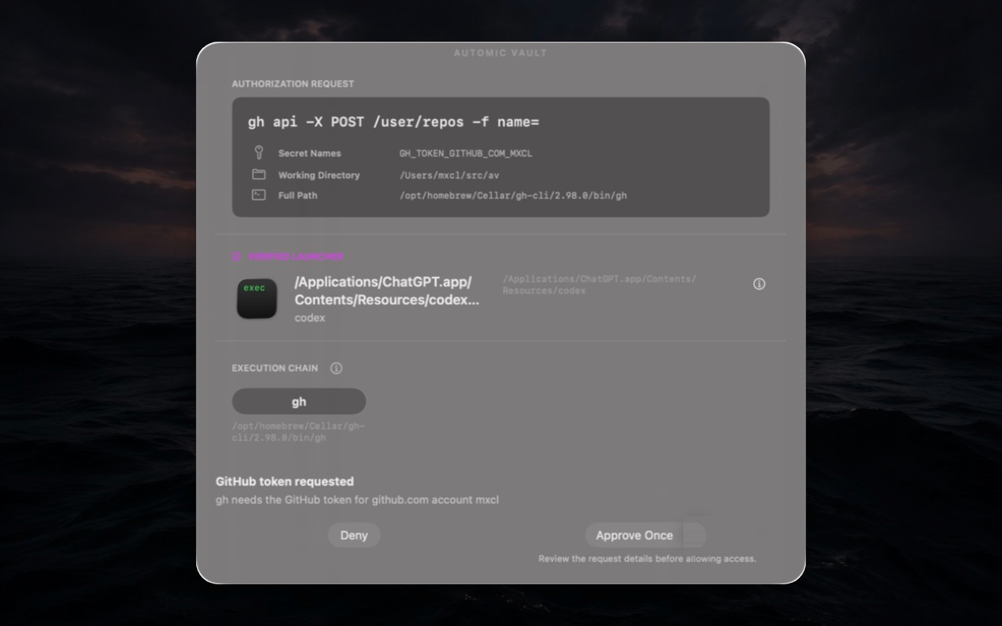 A GitHub write request whose approval menu can issue a task-scoped temporary grant