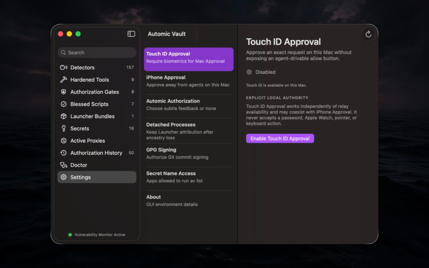 Touch ID Approval disabled, with its explicit local-authority guarantee